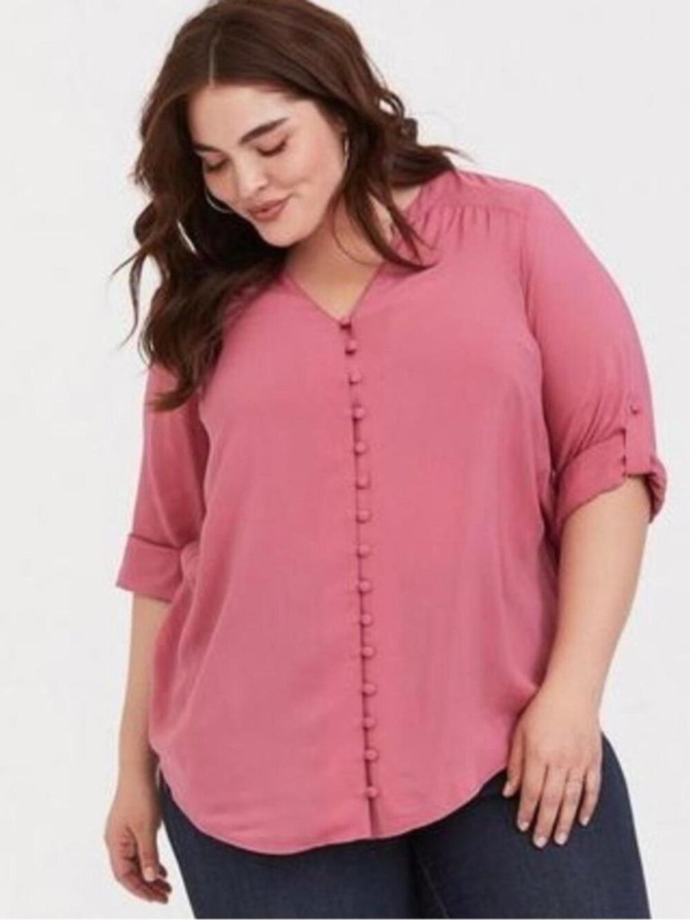 Torrid Harper Pink Challis Button-Down Blouse in a baroque rose or similar dusty